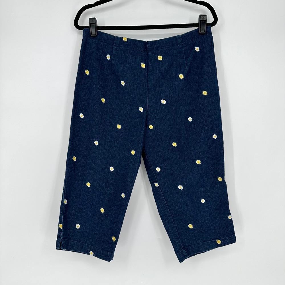White Stag Blue Denim Daisy Floral Embroidered Capri Pants Summer Women's 12